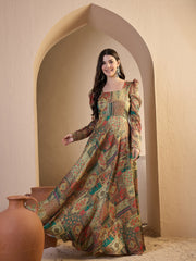 Ethnic Motifs Printed Square Neck Puff Sleeves Maxi Ethnic Dress