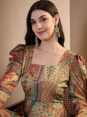 Ethnic Motifs Printed Square Neck Puff Sleeves Maxi Ethnic Dress