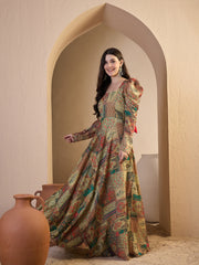 Ethnic Motifs Printed Square Neck Puff Sleeves Maxi Ethnic Dress