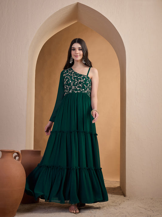 Embroidered One Shoulder Fit and Flare Ethnic Dresses