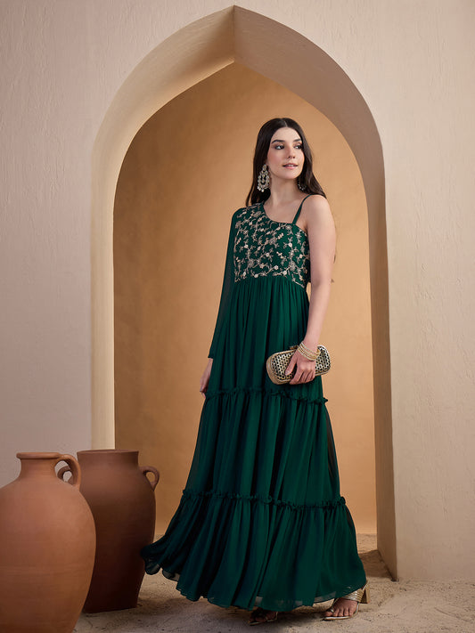 Embroidered One Shoulder Fit and Flare Ethnic Dresses