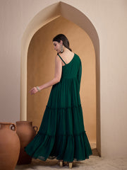 Embroidered One Shoulder Fit and Flare Ethnic Dresses
