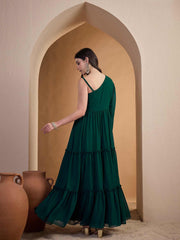 Embroidered One Shoulder Fit and Flare Ethnic Dresses