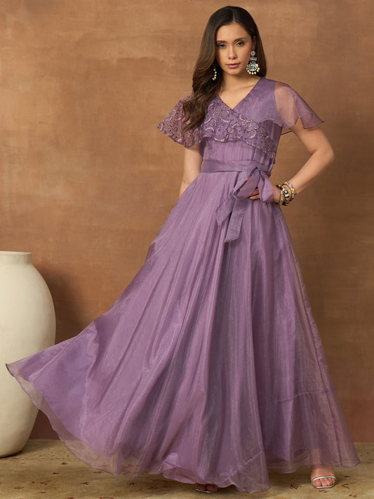 Embroidered V-Neck Gown Dresses