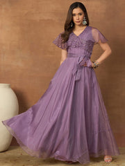 Embroidered V-Neck Gown Dresses