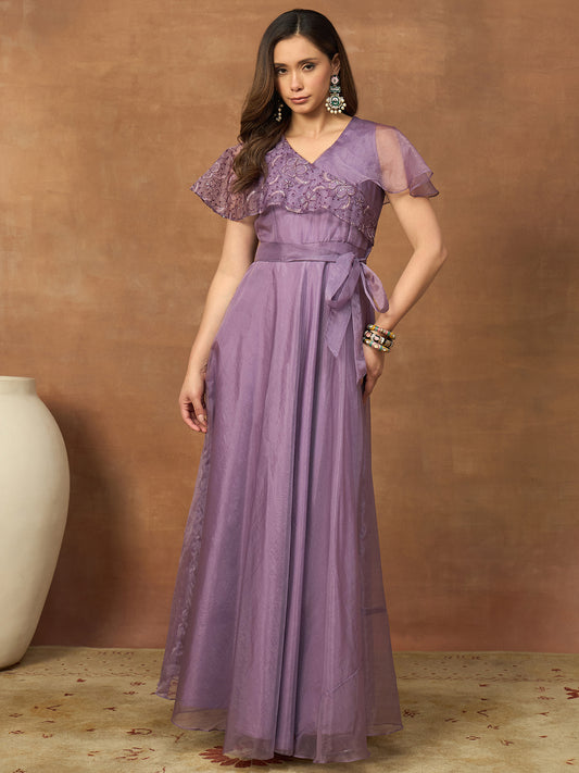 Embroidered V-Neck Gown Dresses