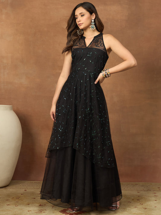 Embroidered Mandarin Collar Gown Maxi Dresses