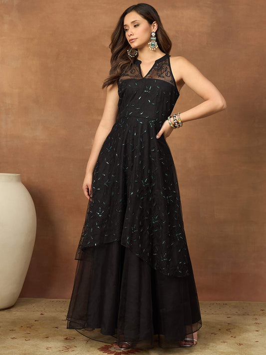 Embroidered Mandarin Collar Gown Maxi Dresses