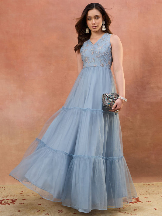 Women Floral Thread and Sequinned Embroidered Ethnic Dress