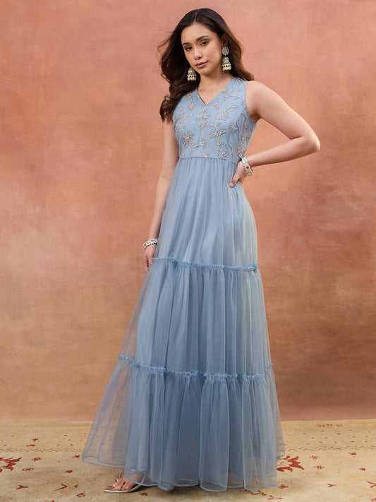 Women Floral Thread and Sequinned Embroidered Ethnic Dress