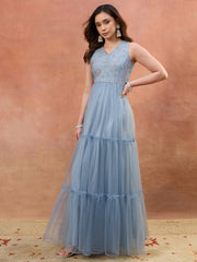 Women Floral Thread and Sequinned Embroidered Ethnic Dress