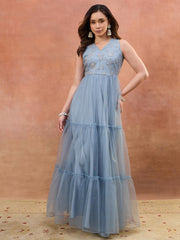 Women Floral Thread and Sequinned Embroidered Ethnic Dress