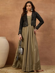 Women Floral Embroidered Thread & Sequinned Ethnic Dress With Jacket