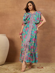 Women Floral Printed and Pleated Ethnic Dress.