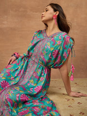 Women Floral Printed and Pleated Ethnic Dress.