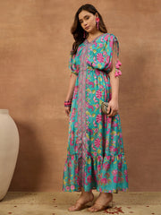 Women Floral Printed and Pleated Ethnic Dress.