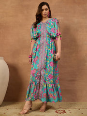 Women Floral Printed and Pleated Ethnic Dress.