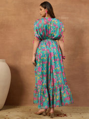 Women Floral Printed and Pleated Ethnic Dress.