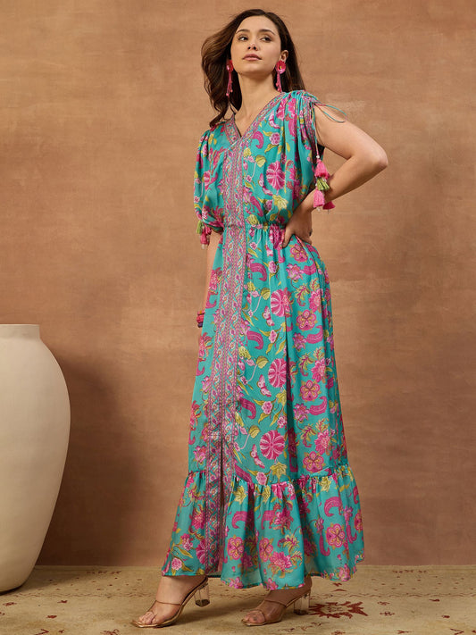 Women Floral Printed and Pleated Ethnic Dress.