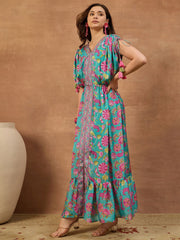 Women Floral Printed and Pleated Ethnic Dress.