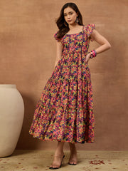 Women Floral Printed and Pleated Ethnic Dress