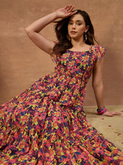 Women Floral Printed and Pleated Ethnic Dress