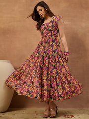 Women Floral Printed and Pleated Ethnic Dress