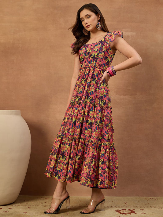Women Floral Printed and Pleated Ethnic Dress