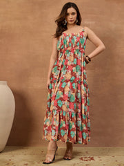 Floral Printed and Pleated Ethnic Dress