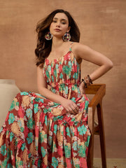 Floral Printed and Pleated Ethnic Dress