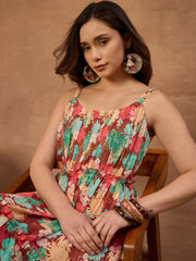 Floral Printed and Pleated Ethnic Dress