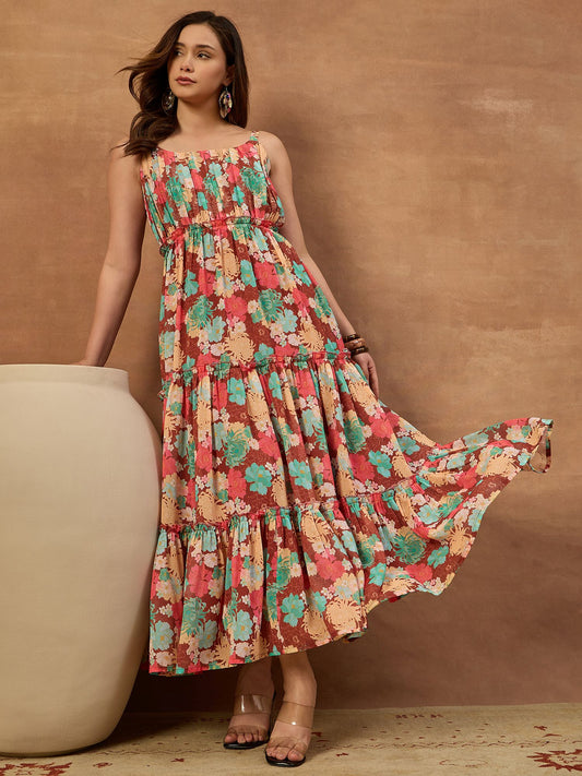 Floral Printed and Pleated Ethnic Dress
