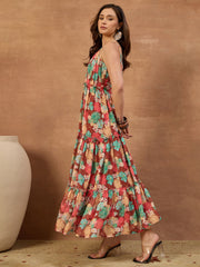 Floral Printed and Pleated Ethnic Dress