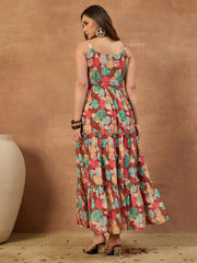 Floral Printed and Pleated Ethnic Dress