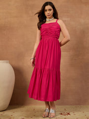 Solid Pleated Ethnic Cotton Dress
