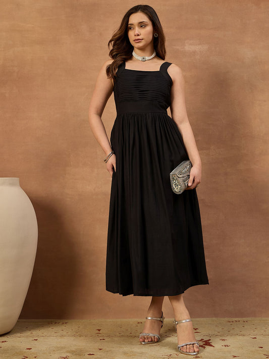 Solid Pleated Ethnic Cotton Dress