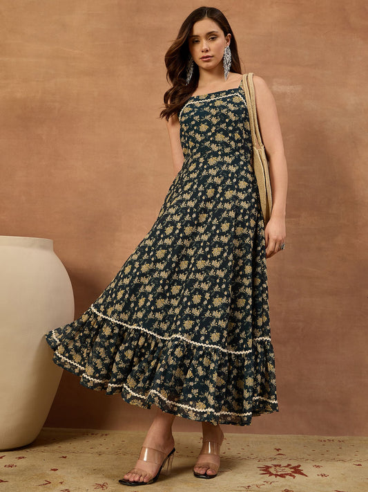 Floral Printed Fit & Flare Midi Ethnic Dresses