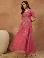 Embroidered V-Neck Gown Maxi Dress