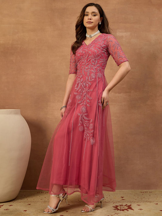 Embroidered V-Neck Gown Maxi Dress