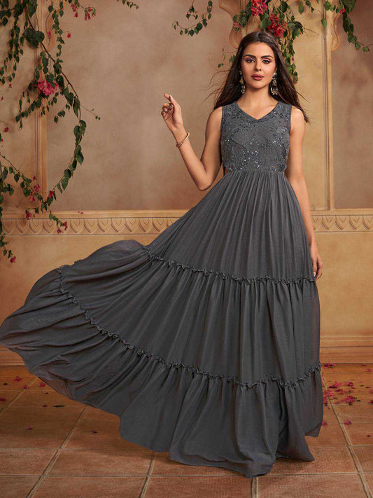 Embellished V-Neck A-Line Tiered Ethnic Dresses