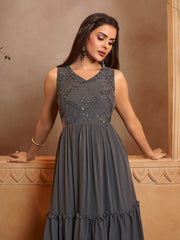 Embellished V-Neck A-Line Tiered Ethnic Dresses