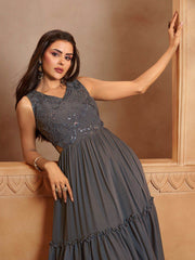 Embellished V-Neck A-Line Tiered Ethnic Dresses