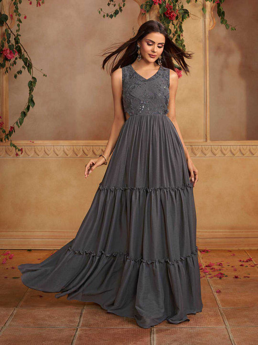 Embellished V-Neck A-Line Tiered Ethnic Dresses