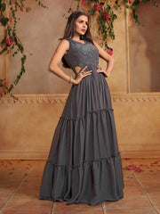 Embellished V-Neck A-Line Tiered Ethnic Dresses