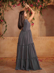 Embellished V-Neck A-Line Tiered Ethnic Dresses
