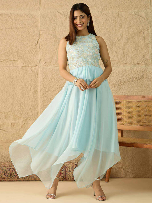 Embellished Round Neck A-Line Ethnic Dresses