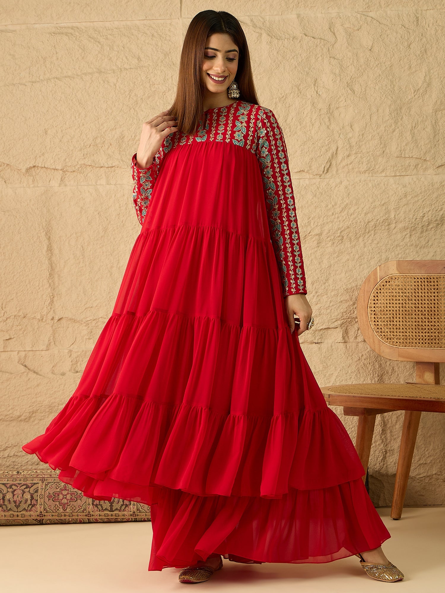 Embroidered Keyhole Neck Fit and Flare Ethnic Dresses Embroidered Keyhole Neck Fit and Flare Ethnic Dresses