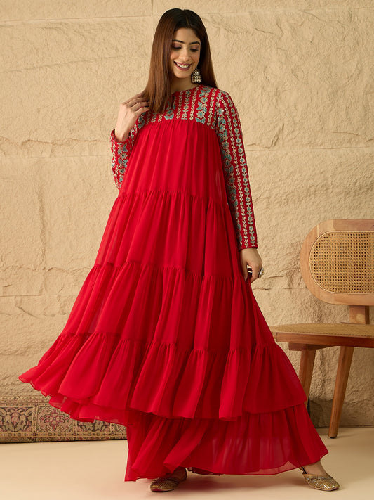 Embroidered Keyhole Neck Fit and Flare Ethnic Dresses