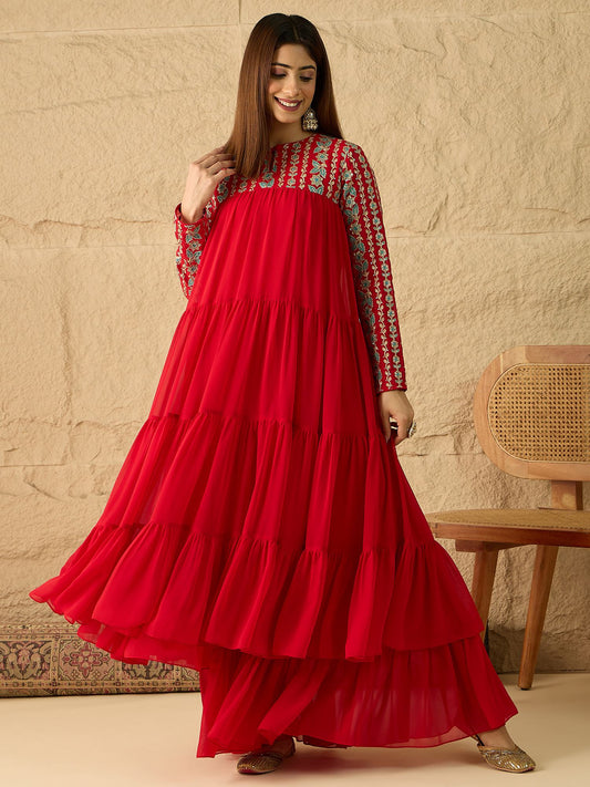 Embroidered Keyhole Neck Fit and Flare Ethnic Dresses