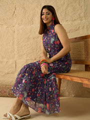 Floral Printed Halter Neck Fit & Flare Midi Dress
